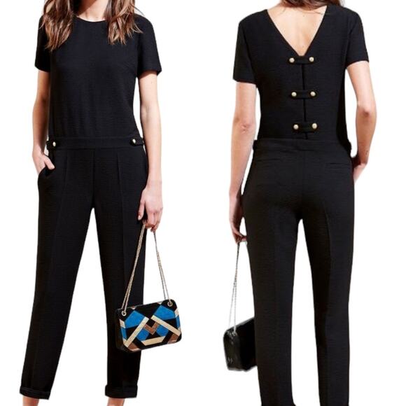 NWT Sezane Combi Pantalon Elena Black Jumpsuit Straight Leg Formal Slim Size 10 - Picture 1 of 12
